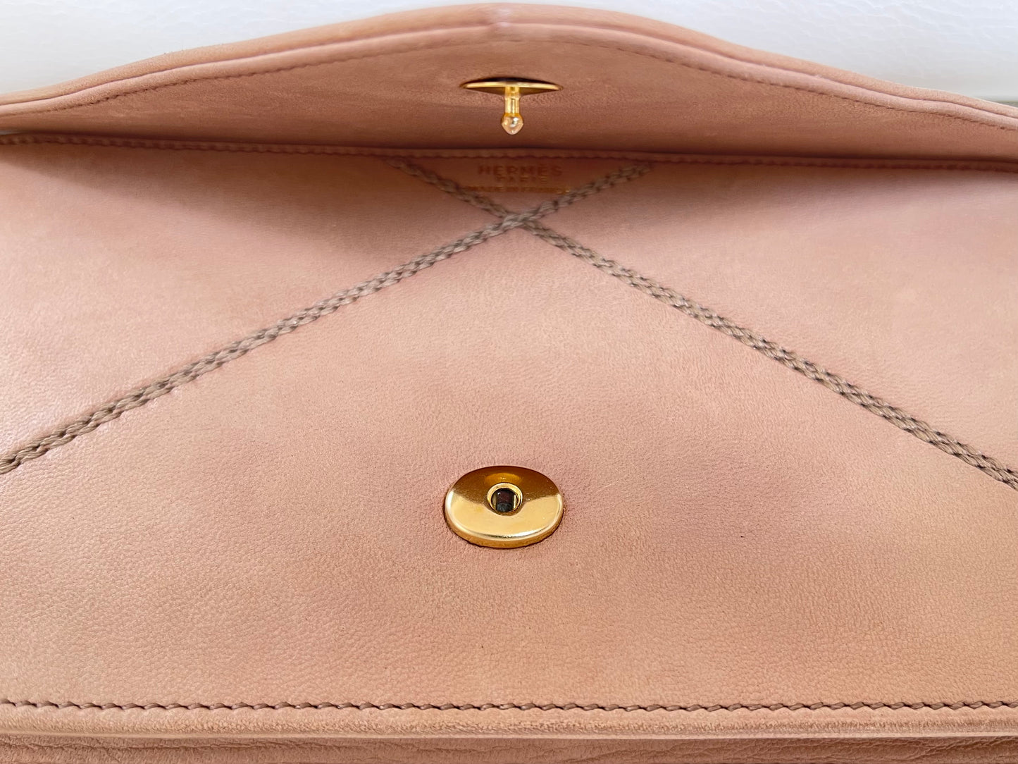 Hermès 1970s Archival Envelope Clutch w/ Strap | Warm Beige Lambskin | Cross-Stitched (Rare Vintage)