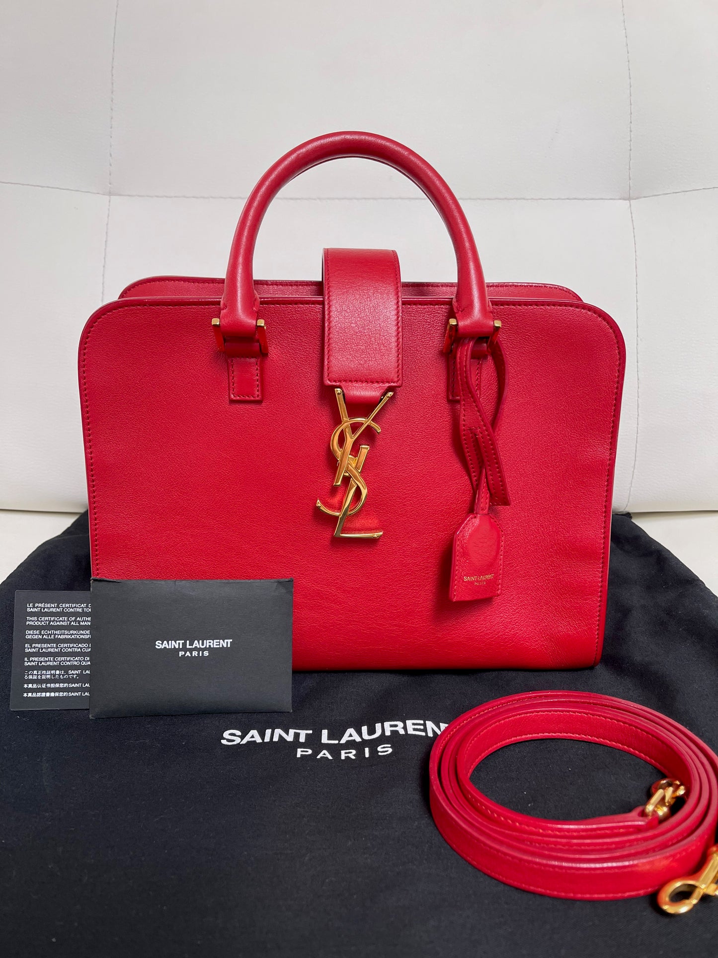 Yves Saint Laurent Baby Cabas Monogram W/ Strap | Red Calfskin Leather & GHW