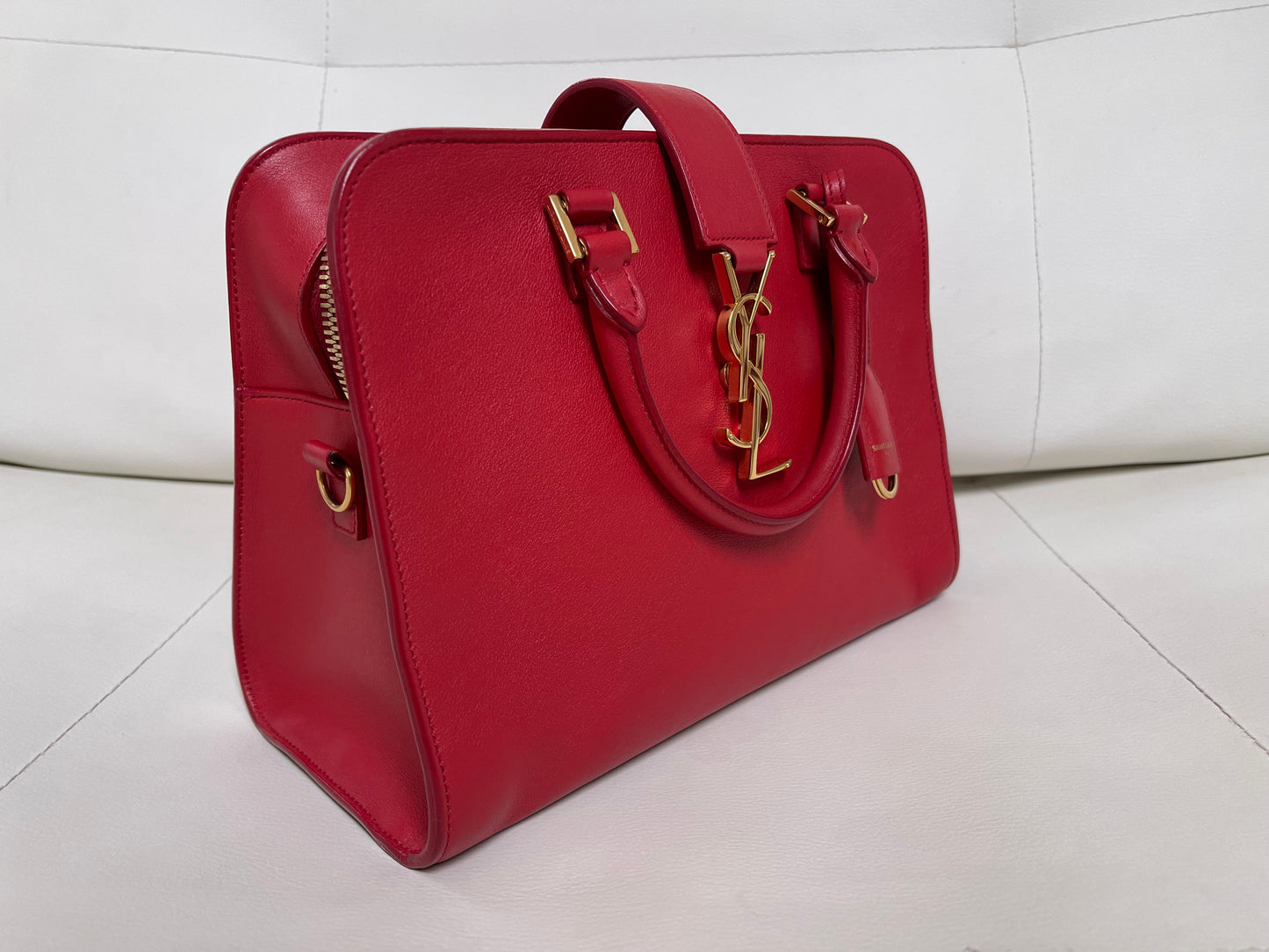 Yves Saint Laurent Baby Cabas Monogram W/ Strap | Red Calfskin Leather & GHW