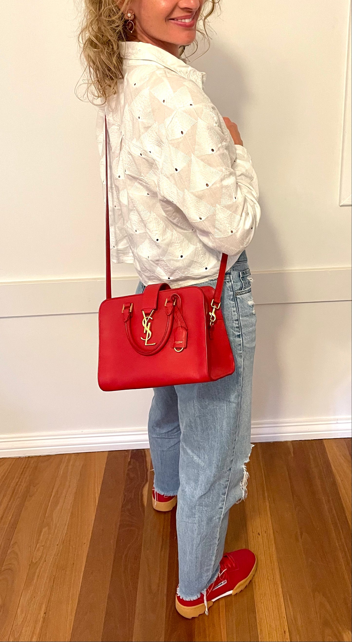 Yves Saint Laurent Baby Cabas Monogram W/ Strap | Red Calfskin Leather & GHW