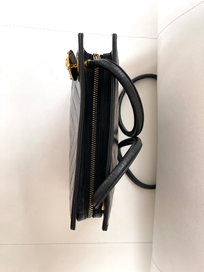 Chanel Chevron (V-Stitch) Quilted CC medallion Zip Bag | Series 18 (2013-2014) | Black Lambskin & GHW