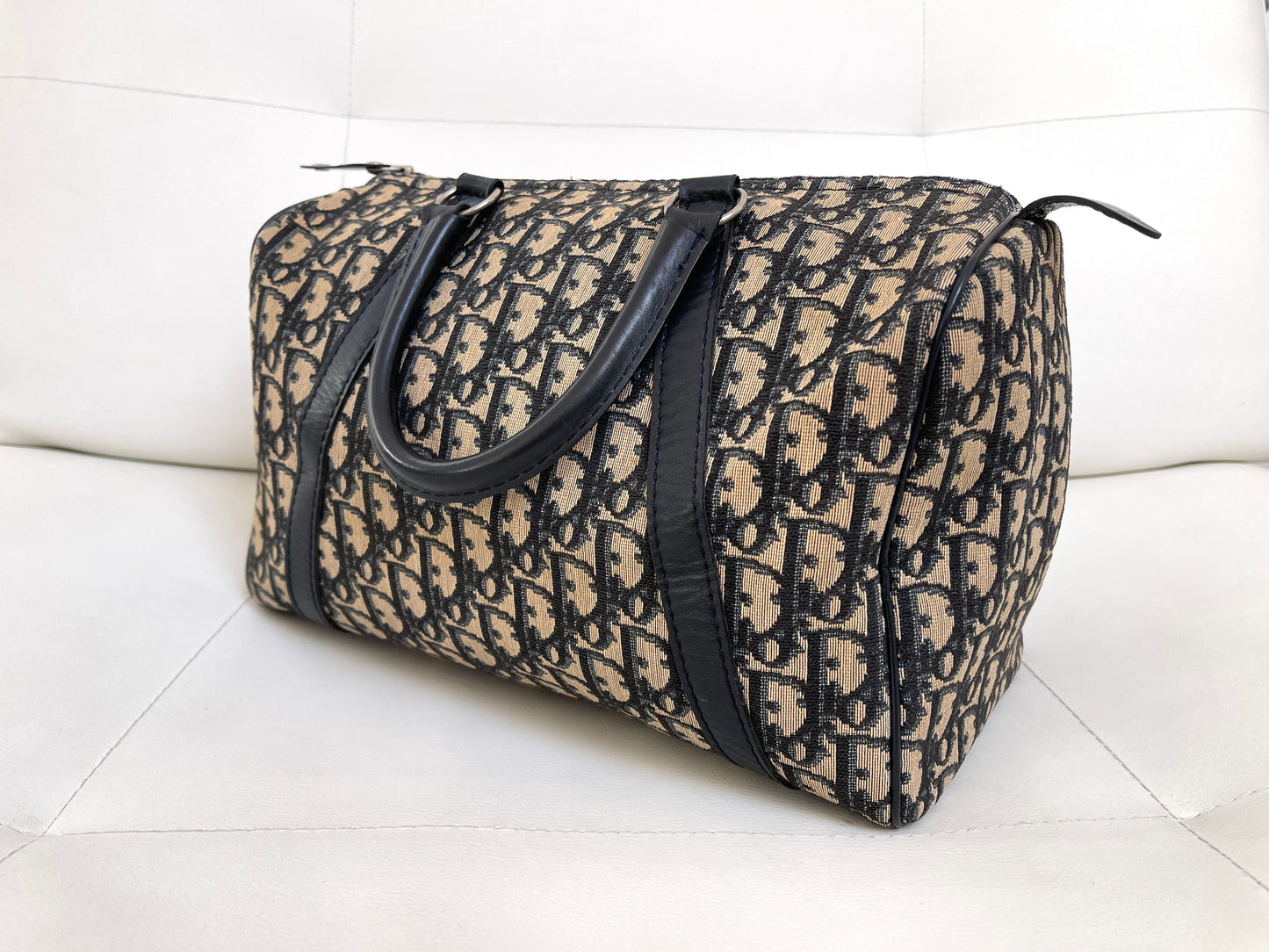 Christian Dior Boston 30 Vintage Oblique Jacquard Navy Bowling Bag