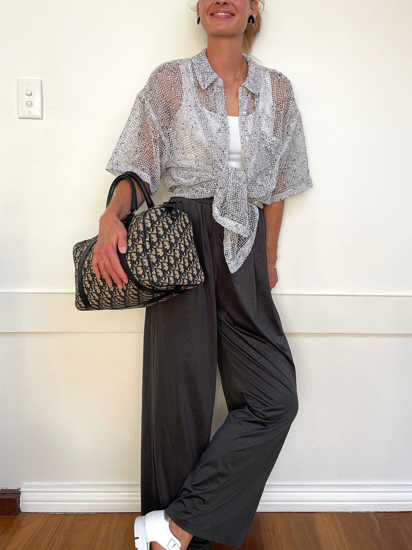 Christian Dior Boston 30 Vintage Oblique Jacquard Navy Bowling Bag