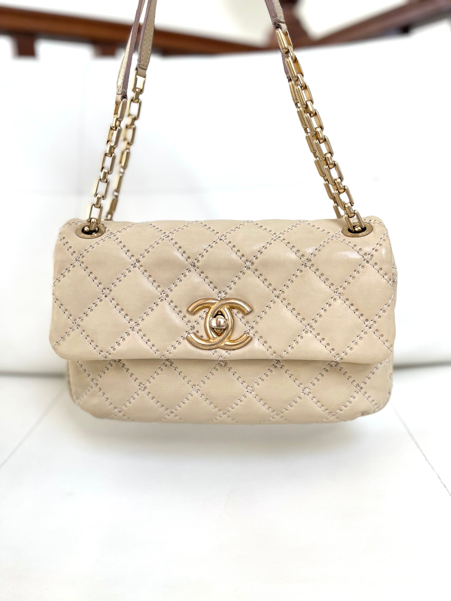 Chanel Ultimate Stitch Retro Flap Bag | Series 15 (2011-2012) | Champagne Beige Quilted Calfskin & GHW