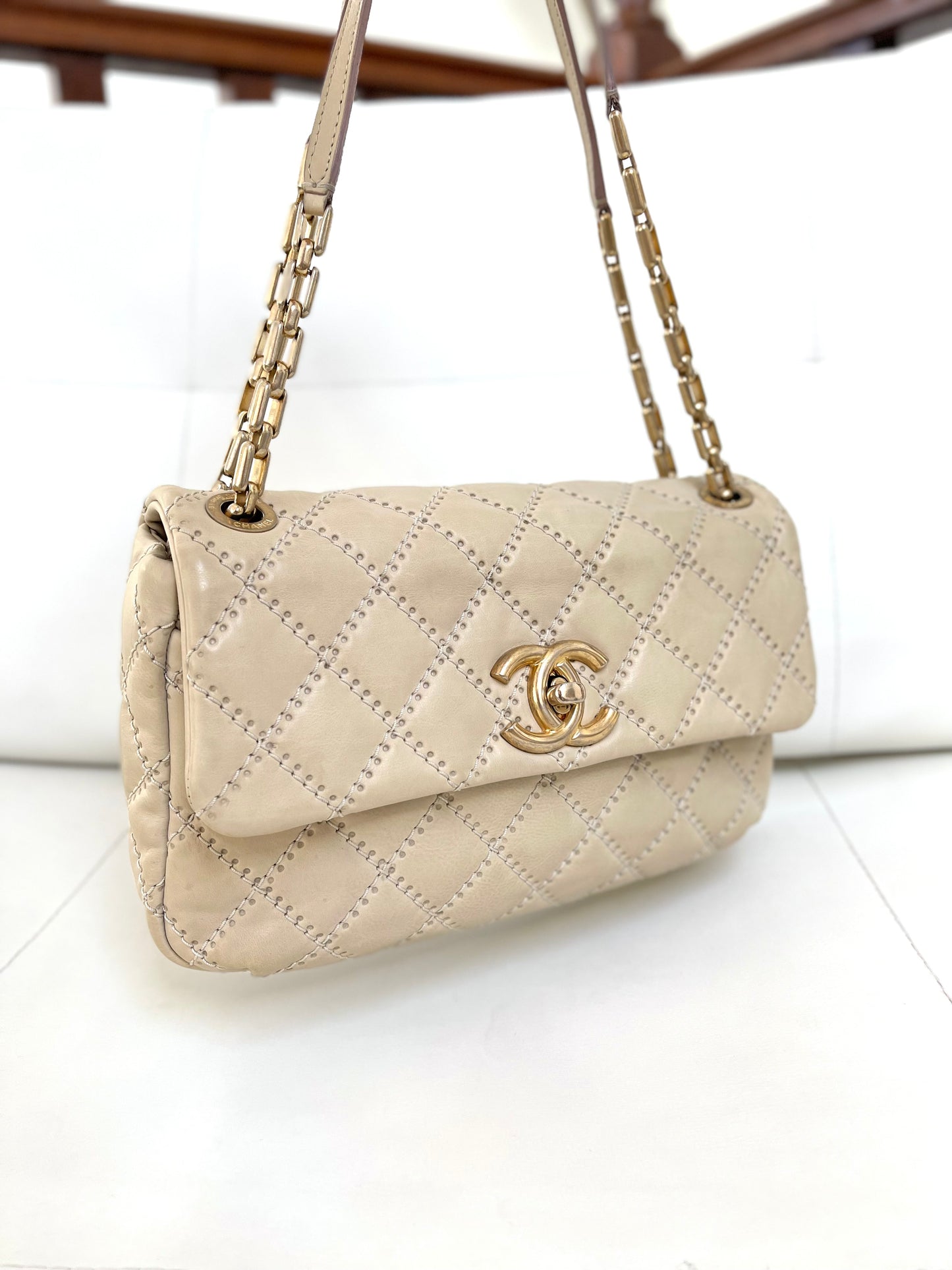 Chanel Ultimate Stitch Retro Flap Bag | Series 15 (2011-2012) | Champagne Beige Quilted Calfskin & GHW