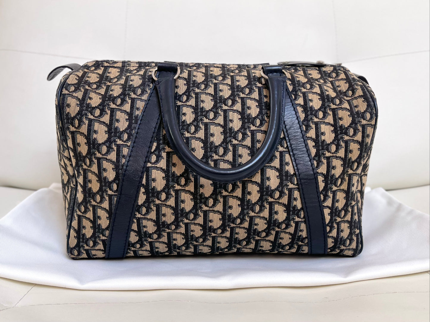 Christian Dior Boston 30 Vintage Oblique Jacquard Navy Bowling Bag