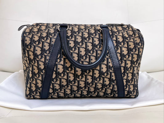 Christian Dior Boston 30 Vintage Oblique Jacquard Navy Bowling Bag
