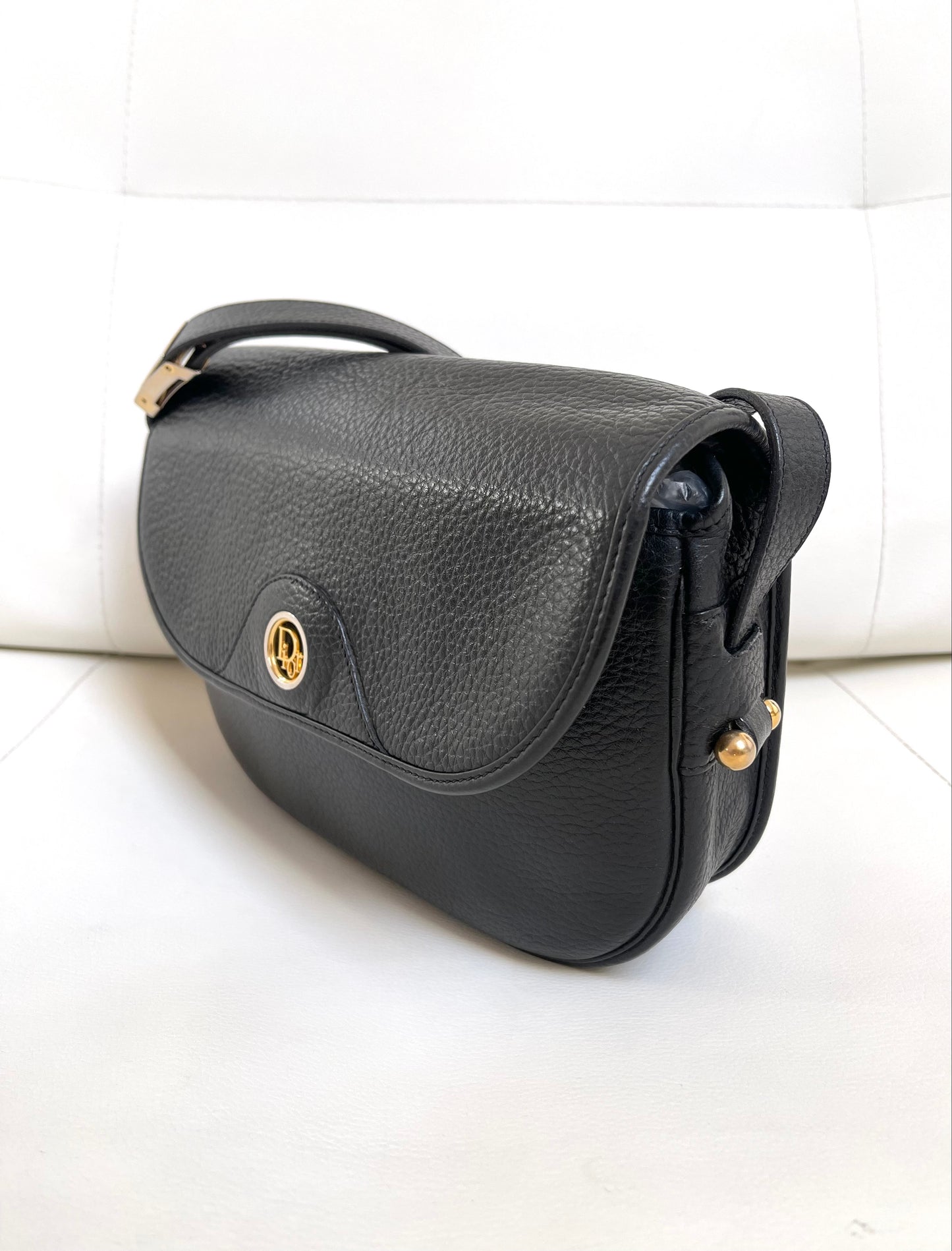 Christian Dior Vintage Logo Flap Black Grained Calfskin Leather Bag