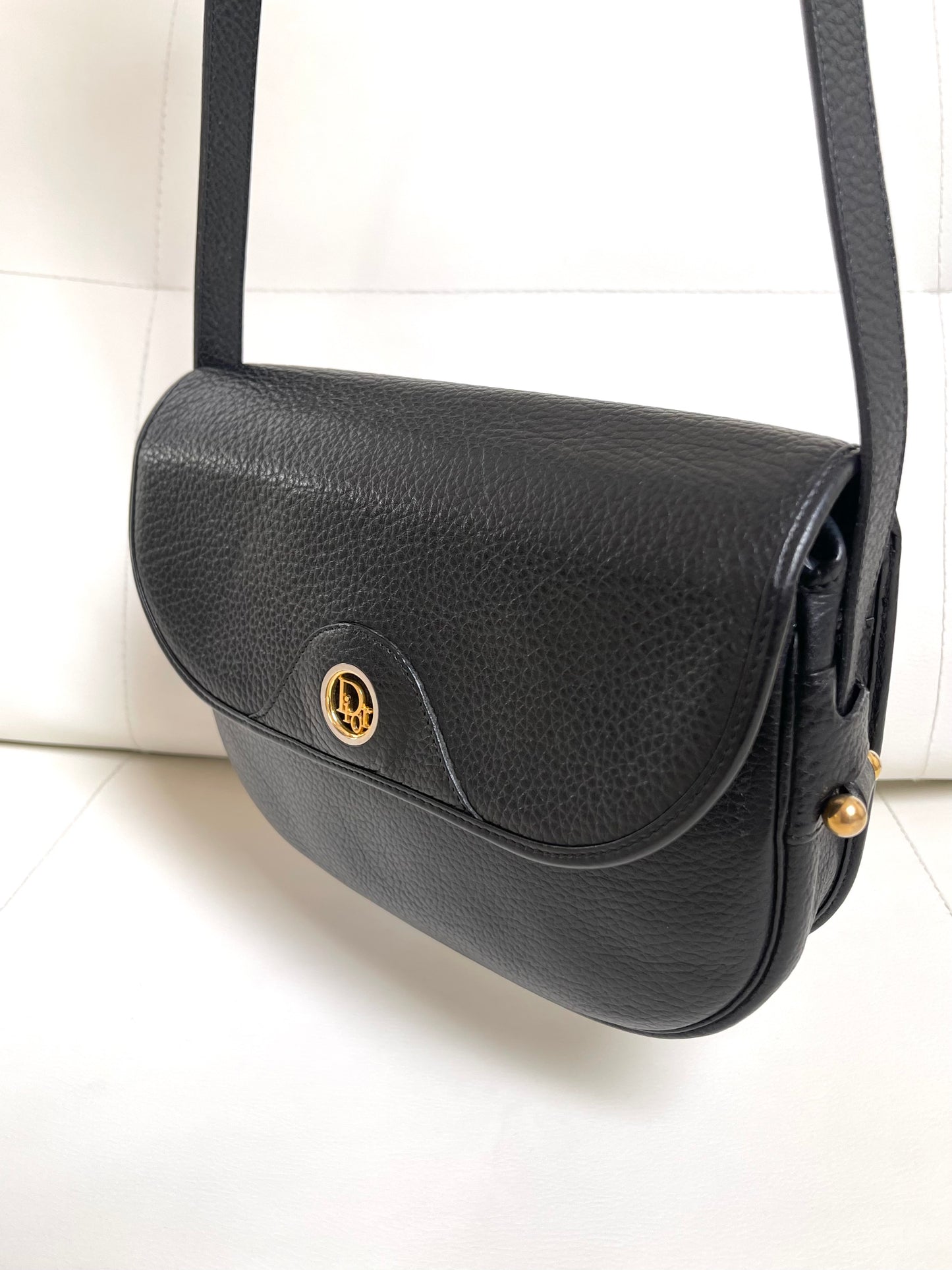 Christian Dior Vintage Logo Flap Black Grained Calfskin Leather Bag