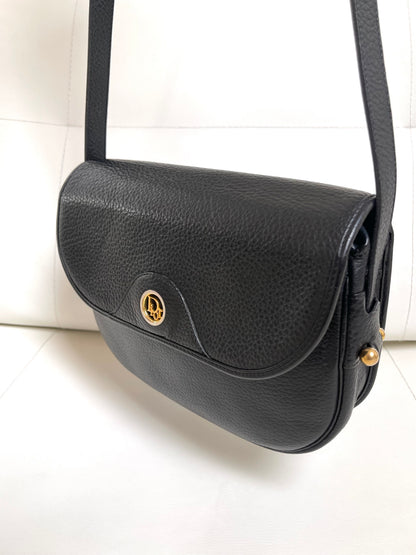 Christian Dior Vintage Logo Flap Black Grained Calfskin Leather Bag