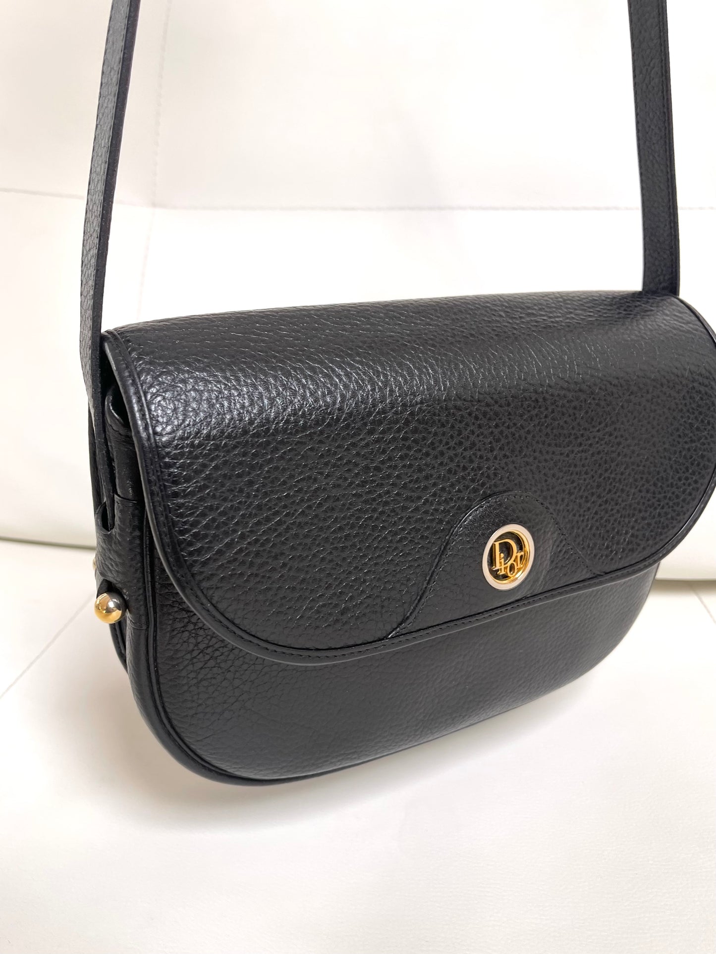 Christian Dior Vintage Logo Flap Black Grained Calfskin Leather Bag