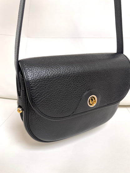 Christian Dior Vintage Logo Flap Black Grained Calfskin Leather Bag