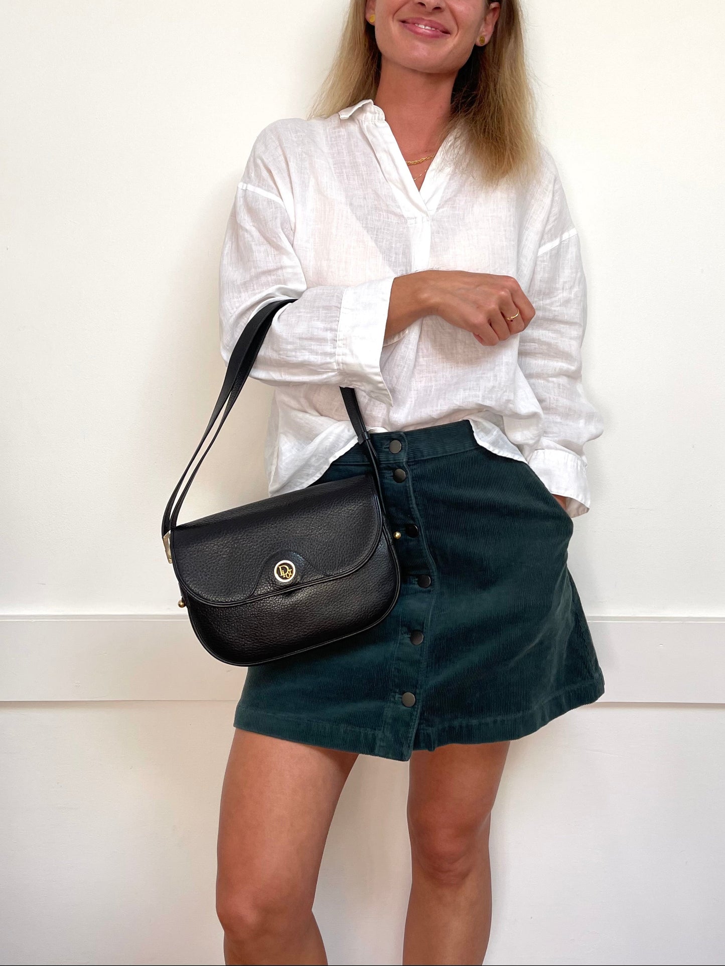 Christian Dior Vintage Logo Flap Black Grained Calfskin Leather Bag