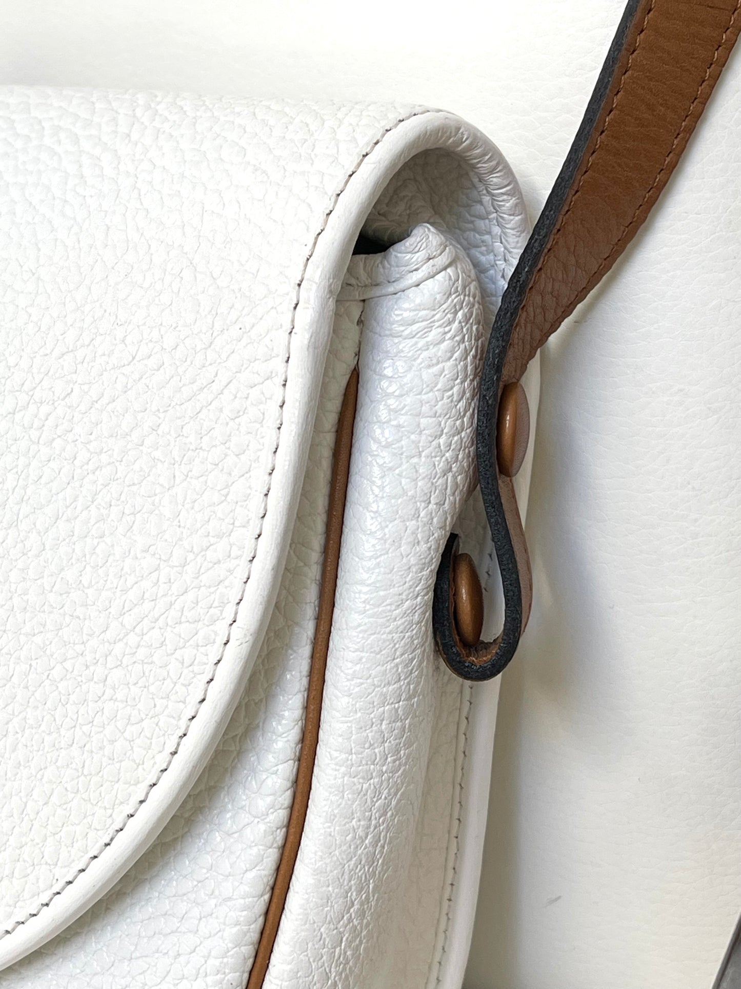 Christian Dior Vintage Equestrian Saddle Flap Craie White Grained Calfskin & Cognac Leather Crossbody Bag
