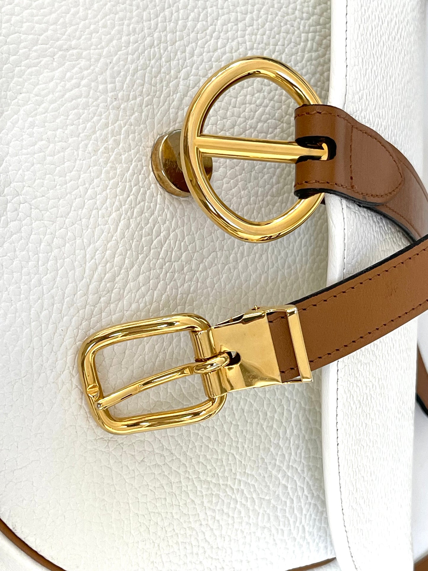 Christian Dior Vintage Equestrian Saddle Flap Craie White Grained Calfskin & Cognac Leather Crossbody Bag