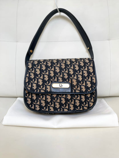 Christian Dior Vintage Oblique Shoulder Bag Navy Canvas & Leather