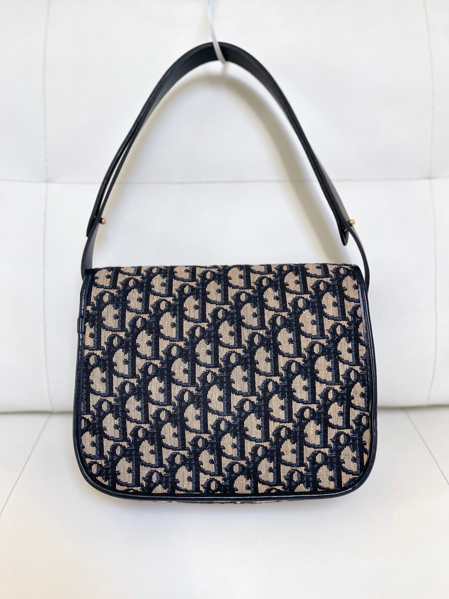 Christian Dior Vintage Oblique Shoulder Bag Navy Canvas & Leather