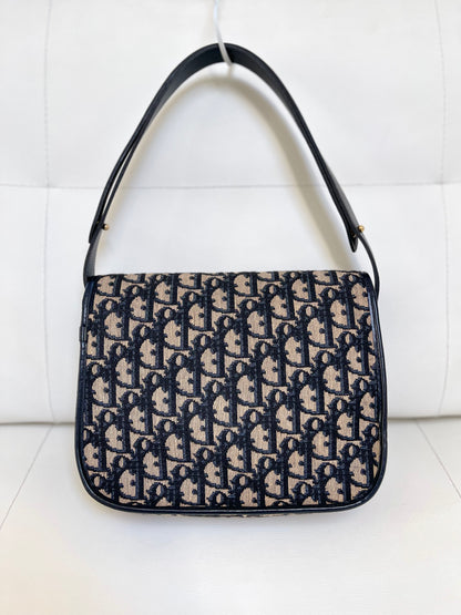 Christian Dior Vintage Oblique Shoulder Bag Navy Canvas & Leather