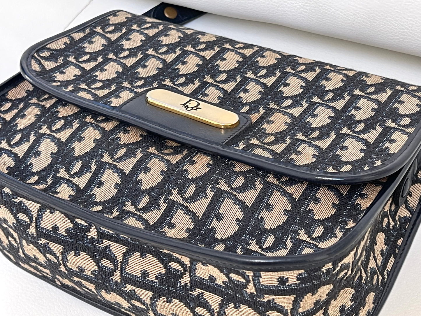 Christian Dior Vintage Oblique Shoulder Bag Navy Canvas & Leather
