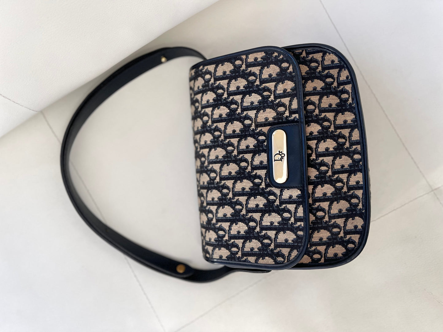 Christian Dior Vintage Oblique Shoulder Bag Navy Canvas & Leather