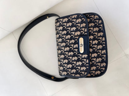 Christian Dior Vintage Oblique Shoulder Bag Navy Canvas & Leather