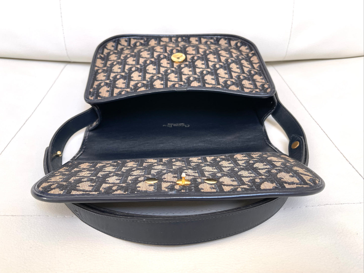 Christian Dior Vintage Oblique Shoulder Bag Navy Canvas & Leather