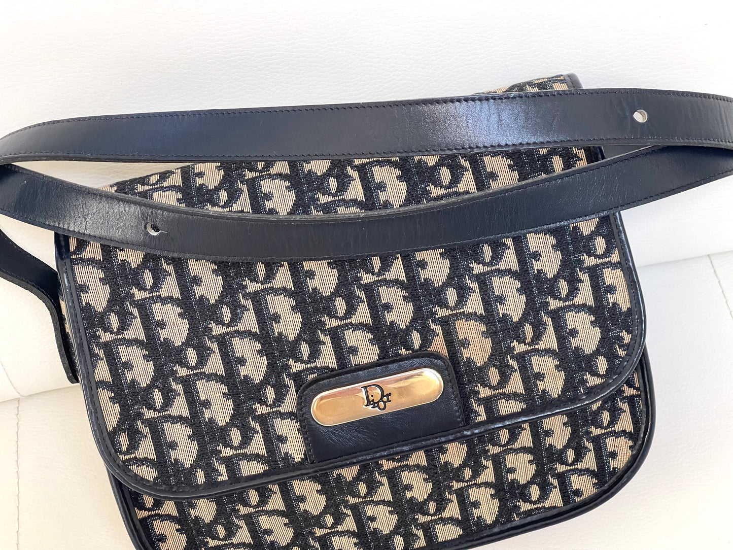 Christian Dior Vintage Oblique Shoulder Bag Navy Canvas & Leather