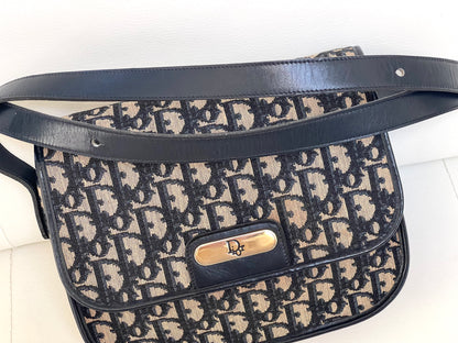 Christian Dior Vintage Oblique Shoulder Bag Navy Canvas & Leather