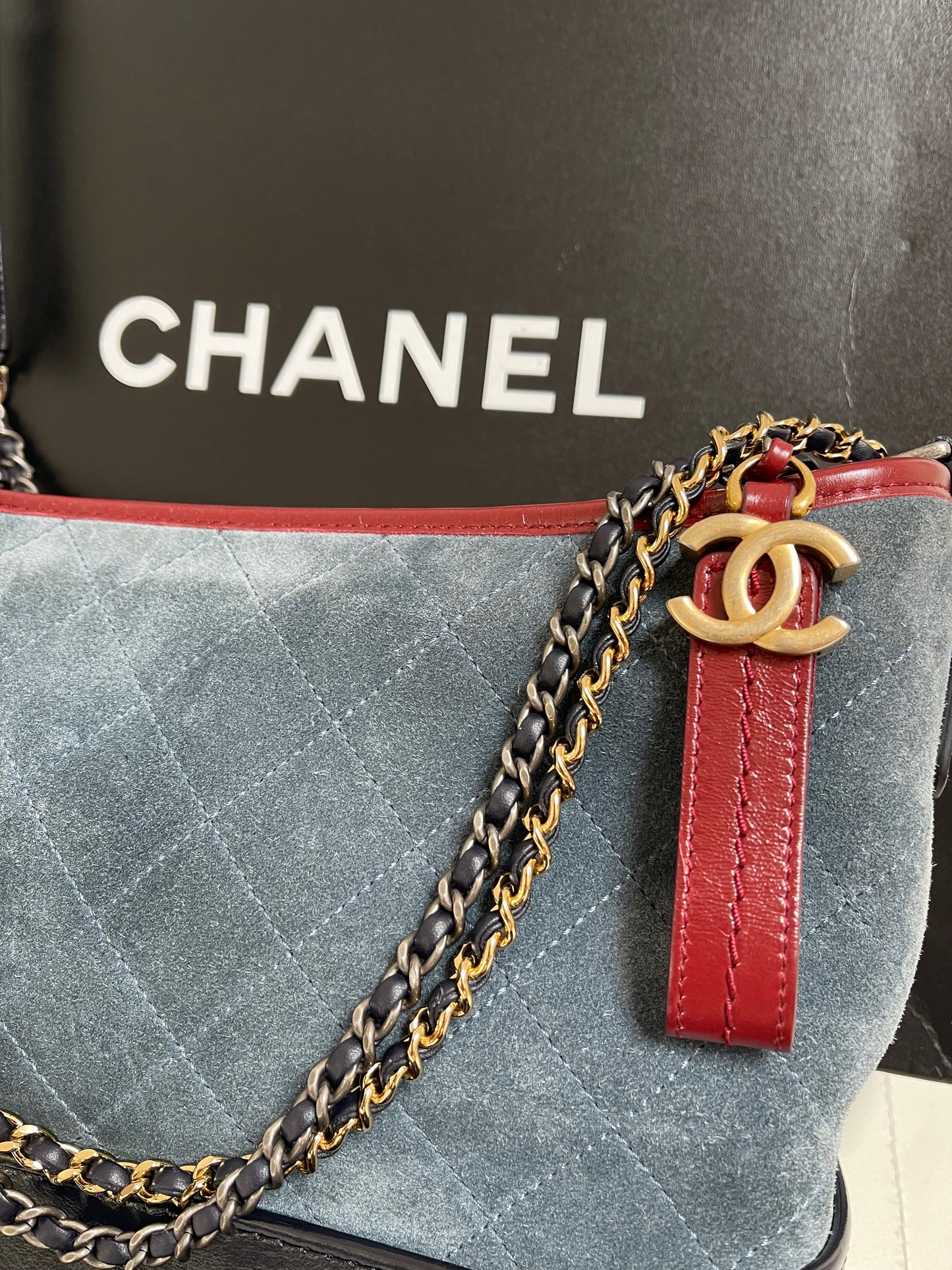 Chanel Gabrielle Hobo Medium | Series 24 (2017-2018) | Blue Suede & Patent Leather with Tricolor Hardware