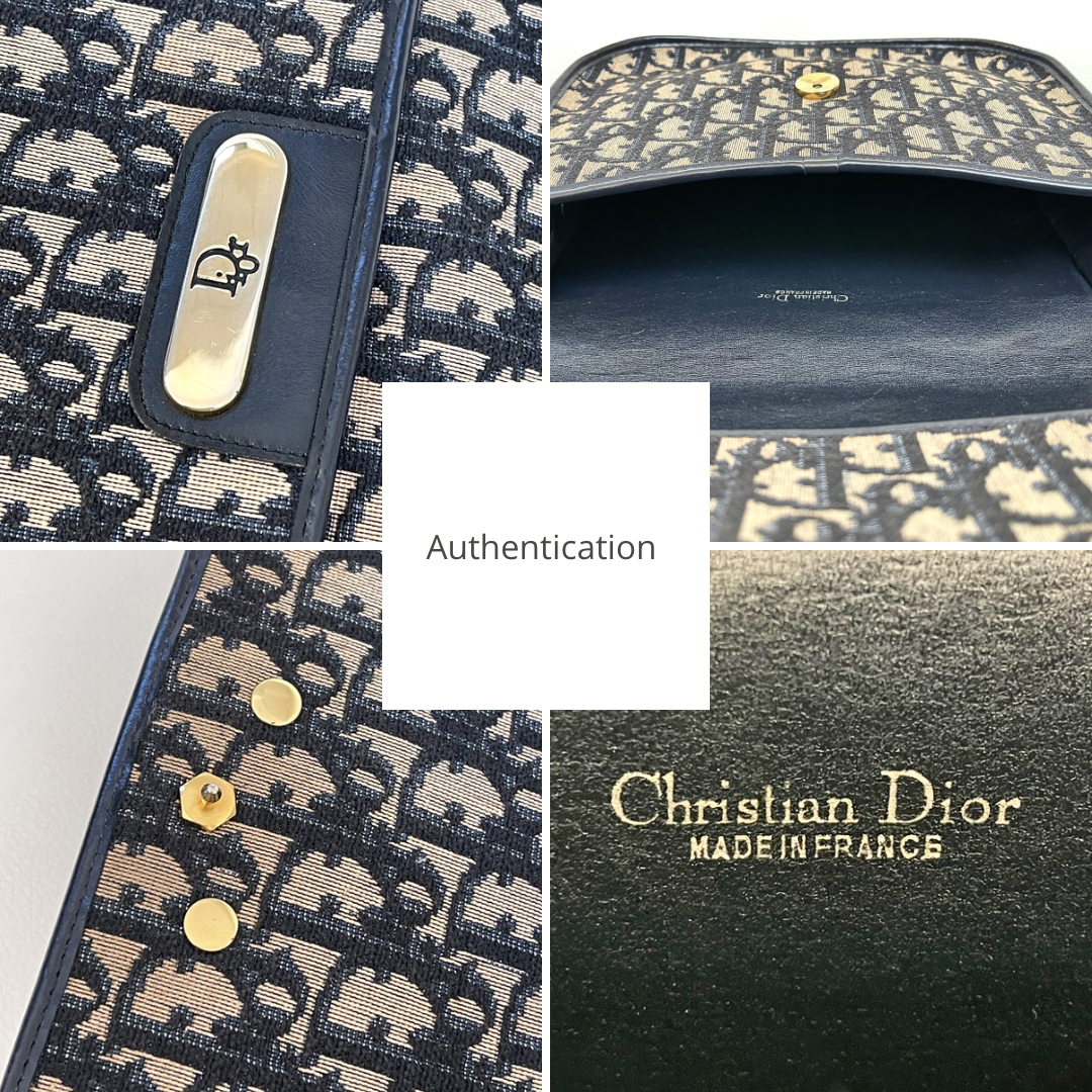Christian Dior Vintage Oblique Shoulder Bag Navy Canvas & Leather