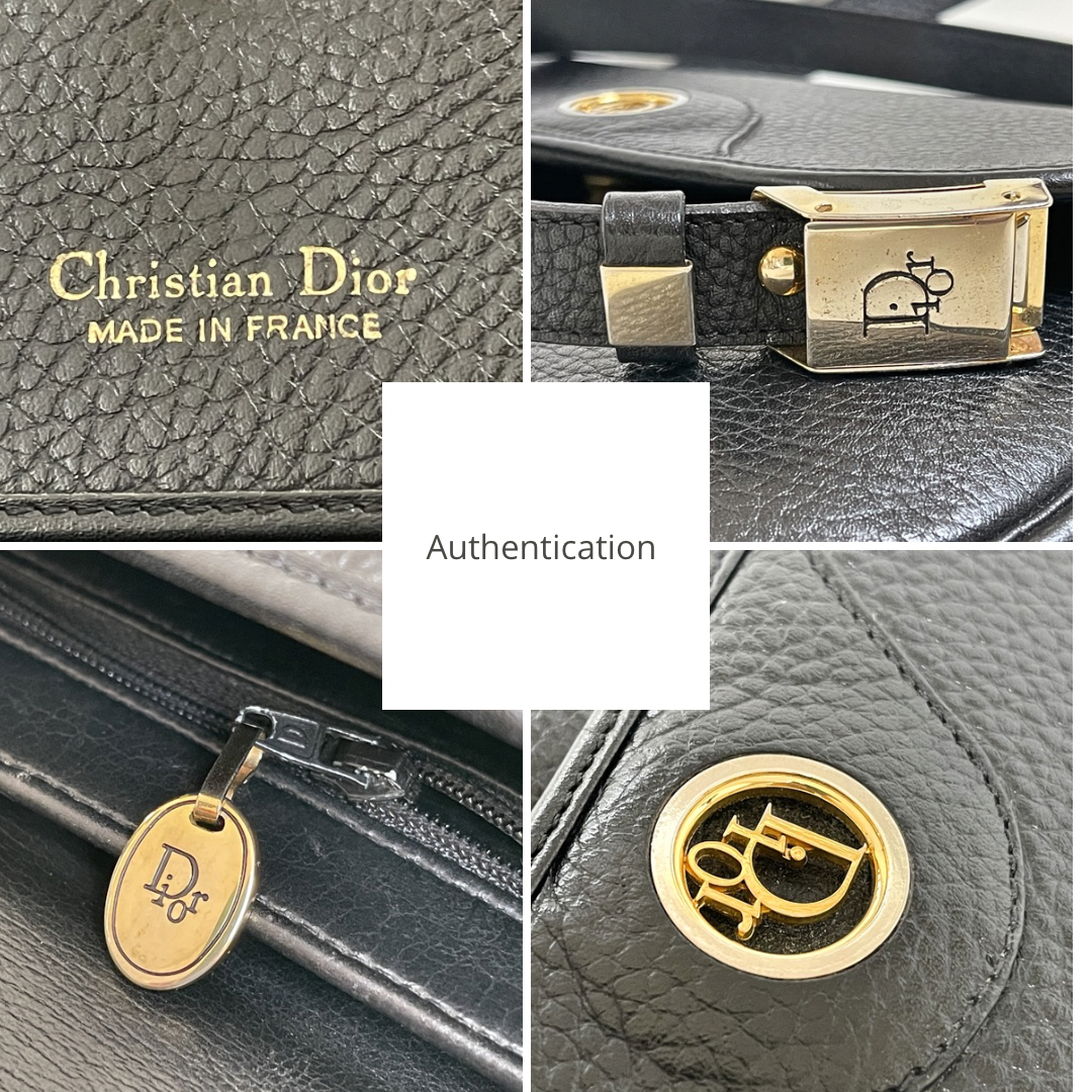 Christian Dior Vintage Logo Flap Black Grained Calfskin Leather Bag