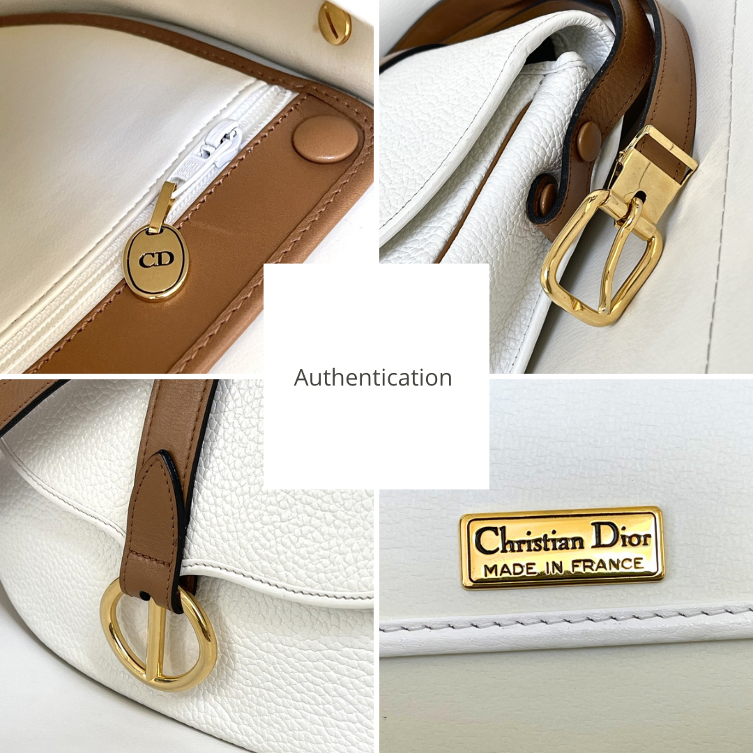 Christian Dior Vintage Equestrian Saddle Flap Craie White Grained Calfskin & Cognac Leather Crossbody Bag