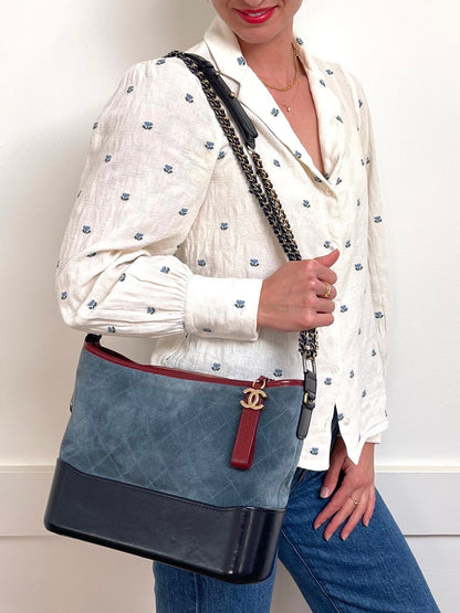 Chanel Gabrielle Hobo Medium | Series 24 (2017-2018) | Blue Suede & Patent Leather with Tricolor Hardware