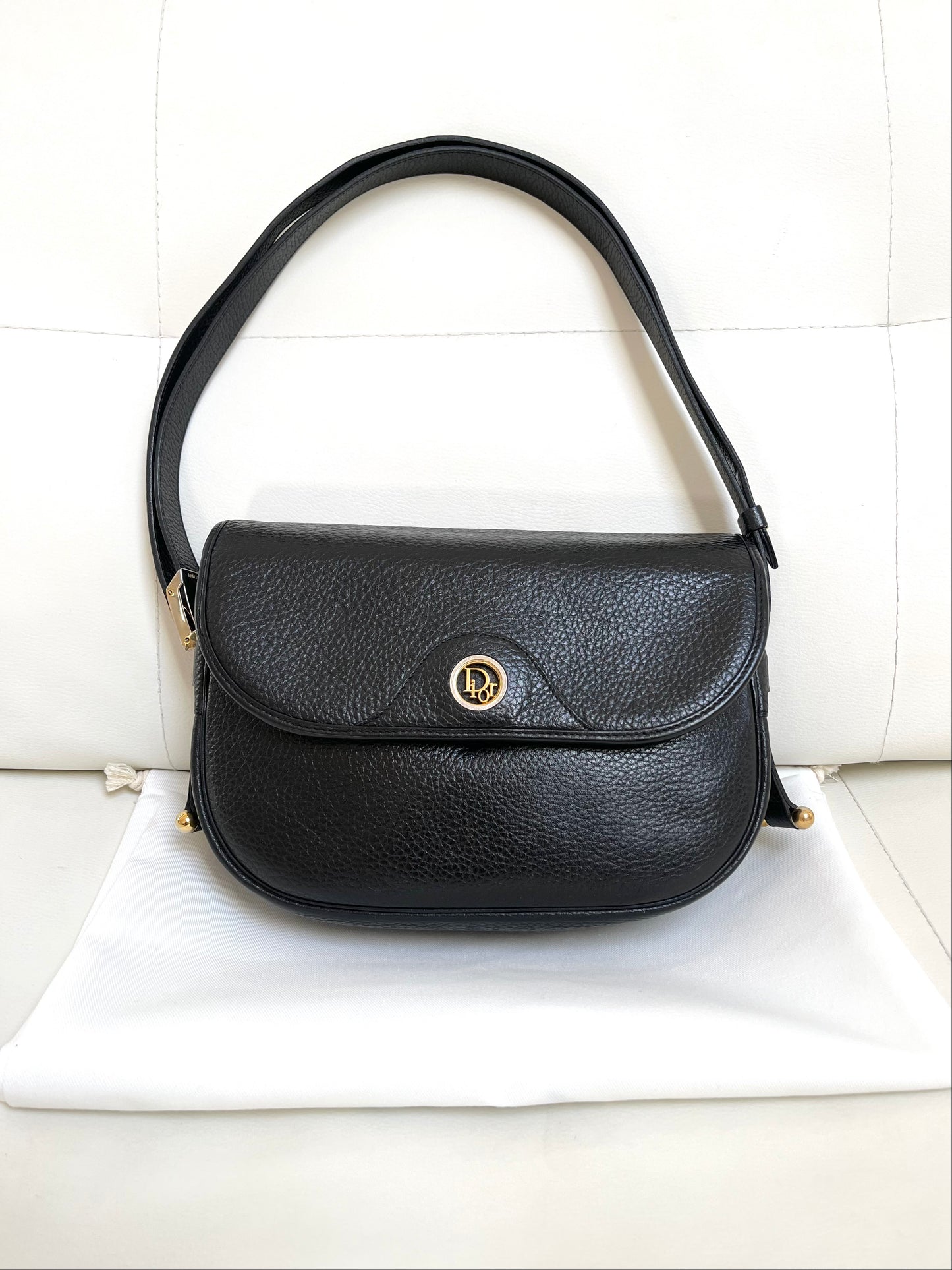 Vintage Christian Dior black grained leather flap bag shoulder crossbody 1990s Dior logo bag Australia with dust bag
