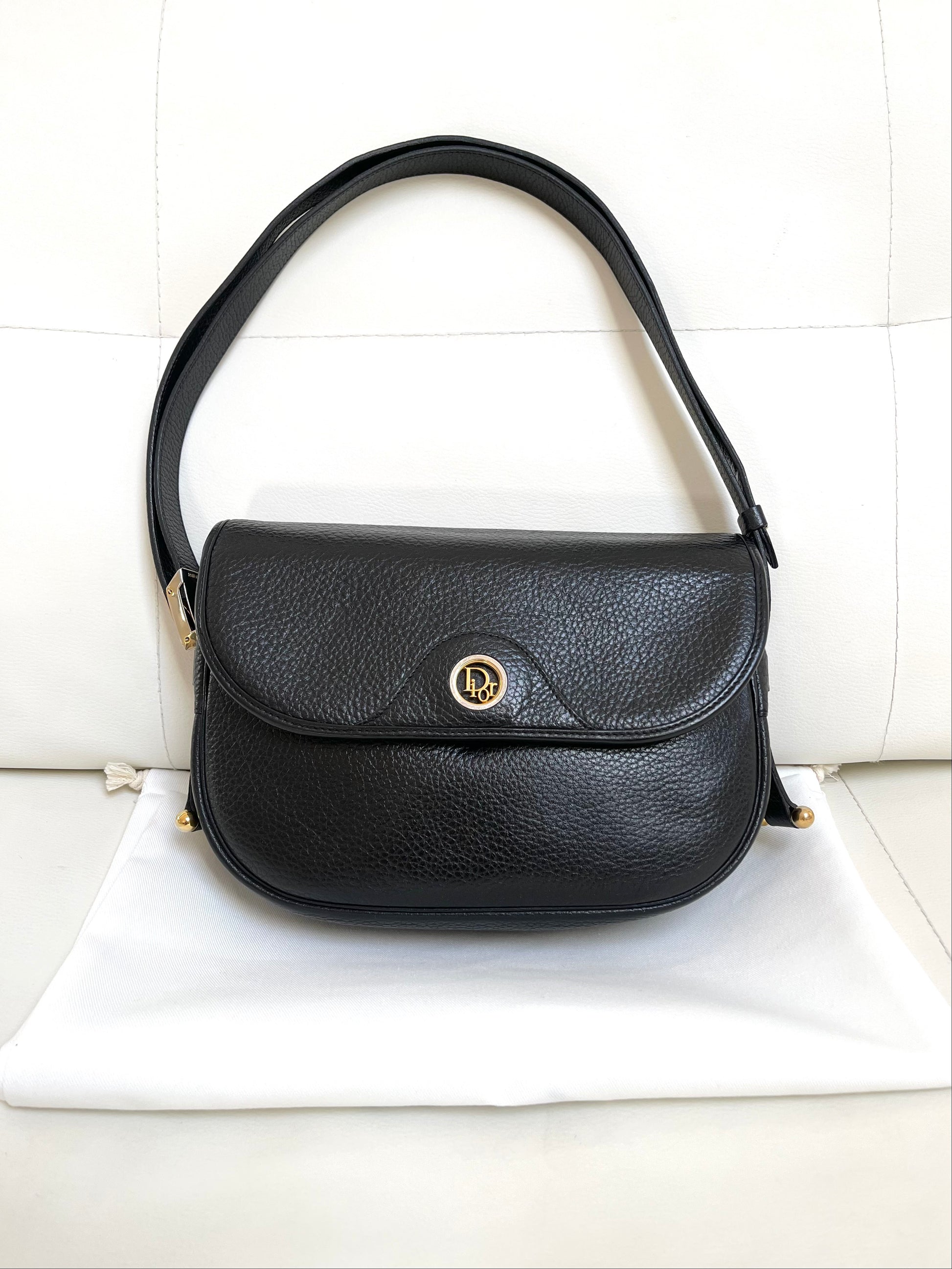 Vintage Christian Dior black grained leather flap bag shoulder crossbody 1990s Dior logo bag Australia with dust bag