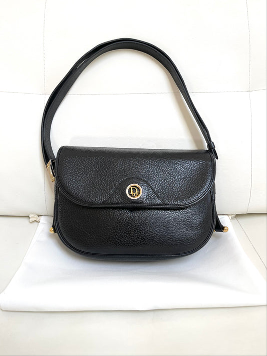 Vintage Christian Dior black grained leather flap bag shoulder crossbody 1990s Dior logo bag Australia with dust bag