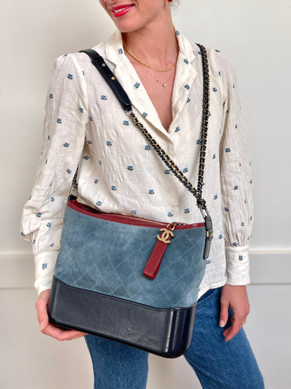 Chanel Gabrielle Hobo Medium | Series 24 (2017-2018) | Blue Suede & Patent Leather with Tricolor Hardware