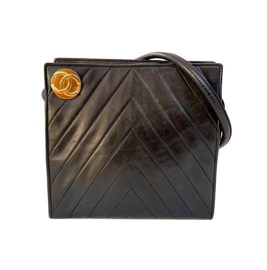 Chanel Chevron (V-Stitch) Quilted CC medallion Zip Bag | Series 18 (2013-2014) | Black Lambskin & GHW