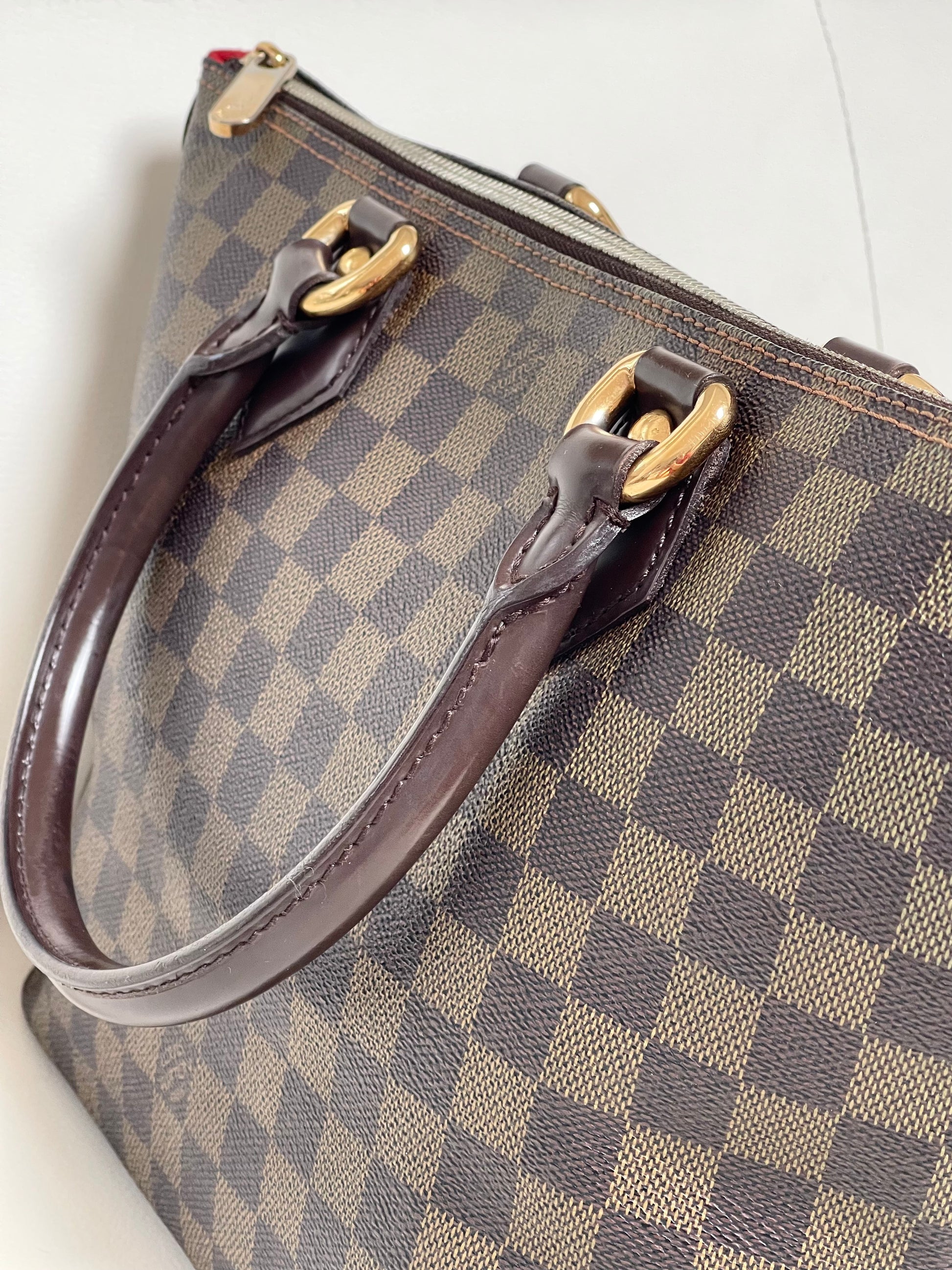 Louis Vuitton Saleya PM leather handles Damier Ebene tote