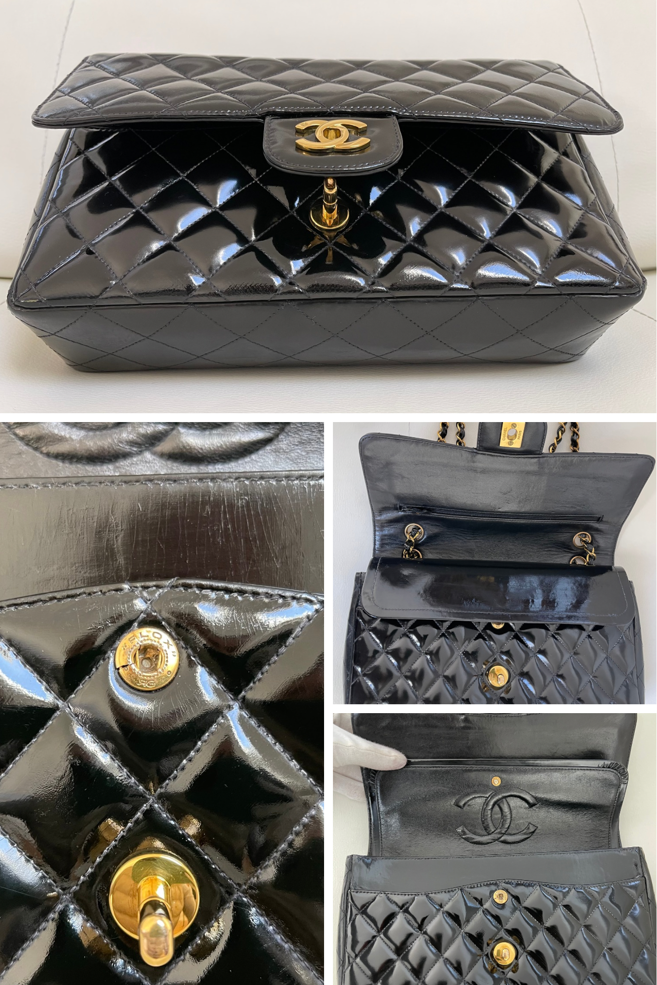 Chanel Classic Timeless Medium Double Flap | Series 3 (1994-1996) | Black Patent Leather & 24-Karat GHW