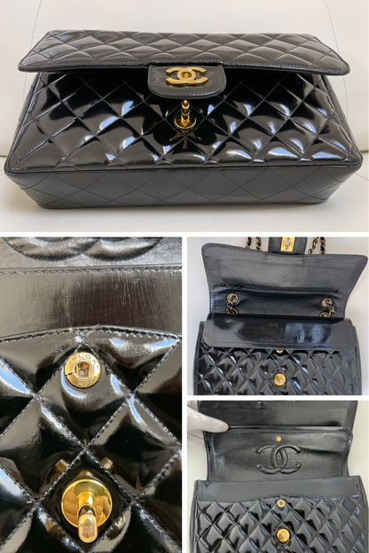 Chanel Classic Timeless Medium Double Flap | Series 3 (1994-1996) | Black Patent Leather & 24-Karat GHW