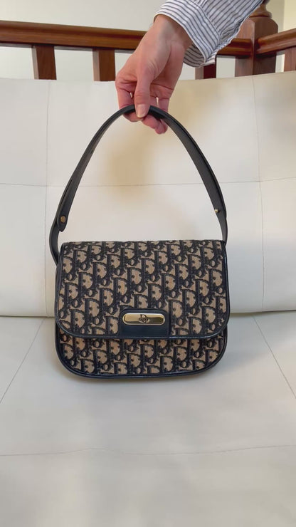 Christian Dior Vintage Oblique Shoulder Bag Navy Canvas & Leather