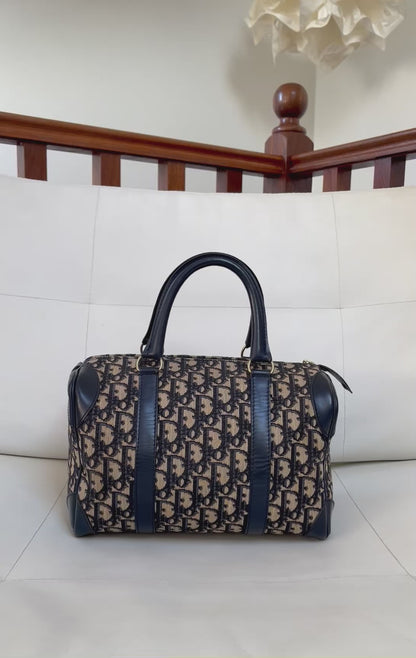 Christian Dior Vintage Boston 25 Oblique Jacquard Navy Bowling Bag