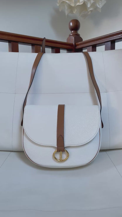 Christian Dior Vintage Equestrian Saddle Flap Craie White Grained Calfskin & Cognac Leather Crossbody Bag
