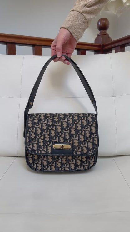 Christian Dior Vintage Oblique Shoulder Bag Navy Canvas & Leather