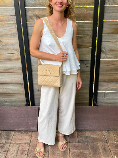 Chanel Quilted Classic Camera Single Flap Bag | Series 2 (1991-1994) | Sand Beige Lambskin