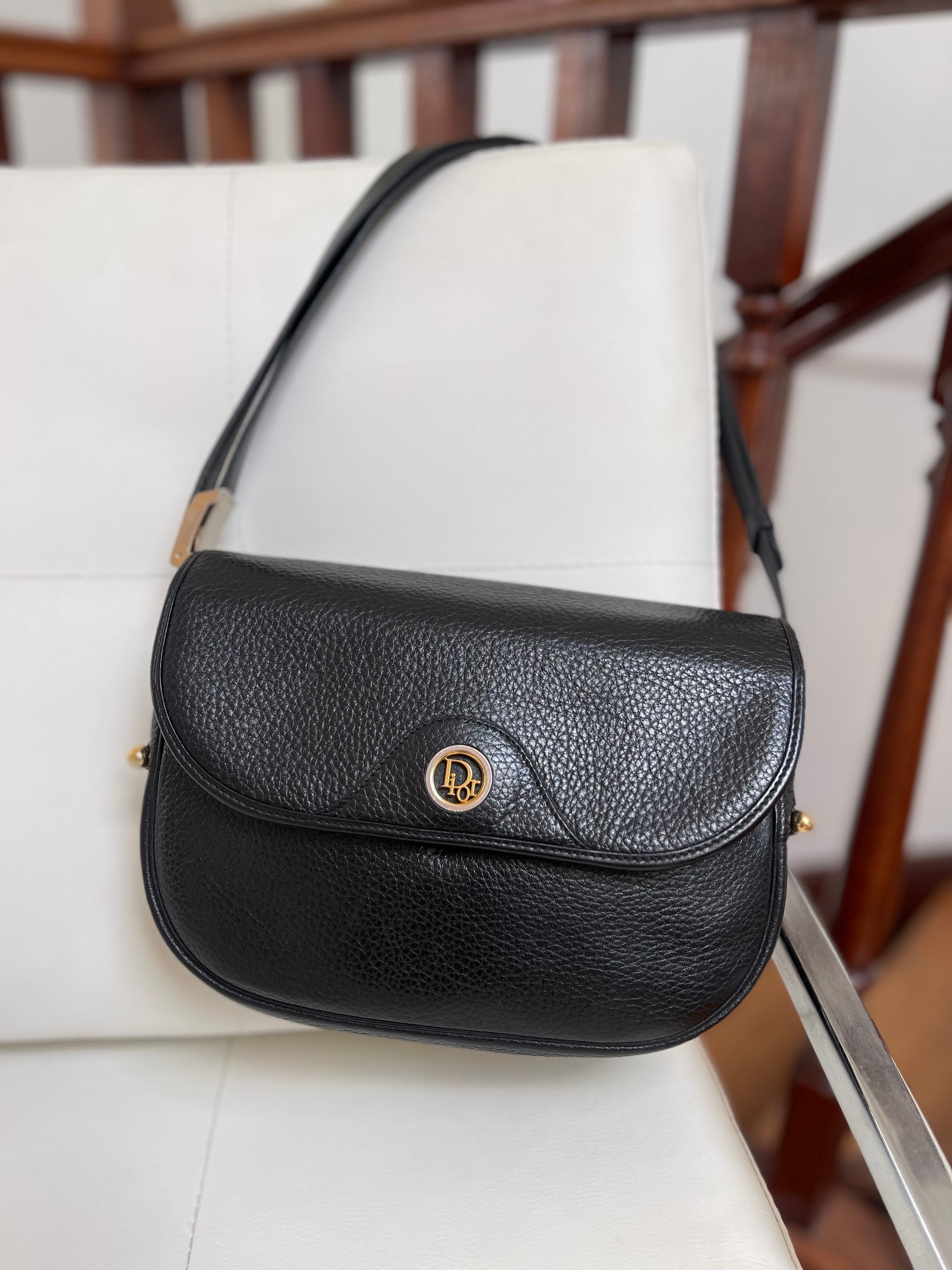  Vintage Christian Dior black grained leather flap bag shoulder crossbody cover image